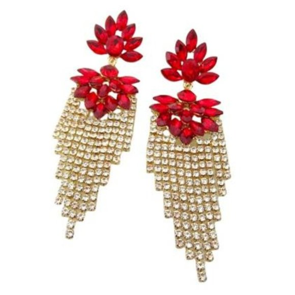 Red Earrings Long Gold Tassel Rhinestone Earrings Crystal Drop Earrings Bridal - Picture 3 of 4